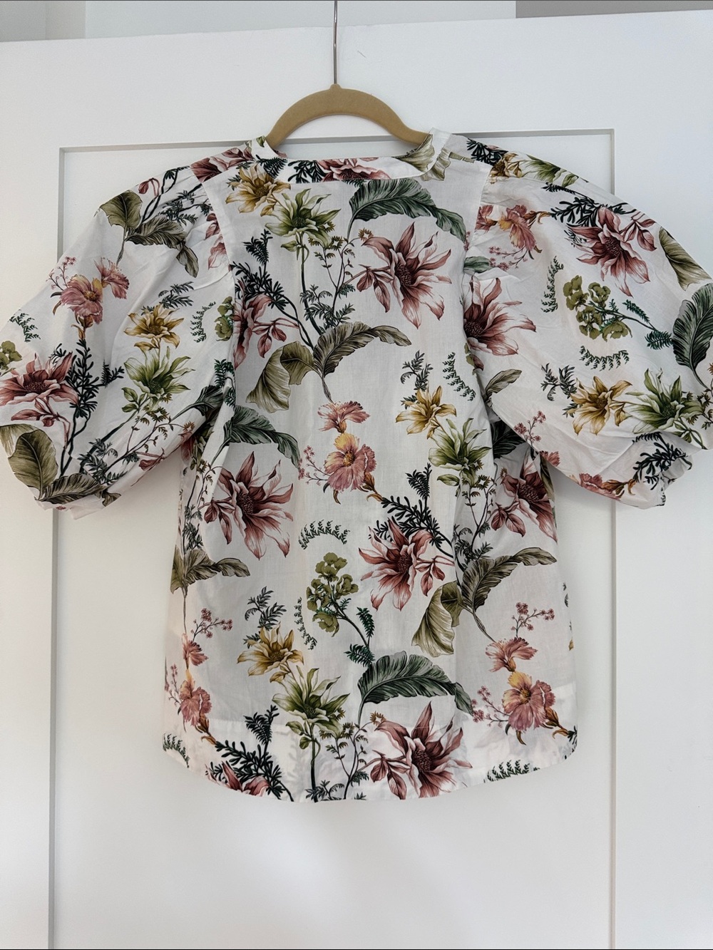 Anthropologie White Floral V-Neck Blouse with Pink, Green & Mustard Print - Picture 3 of 3